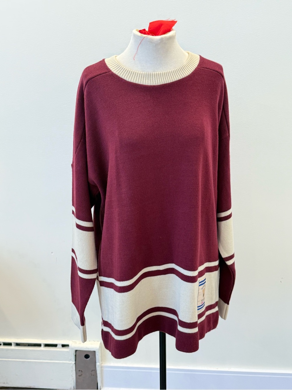 Mens Maroon and Cream Striped Knit Sweater